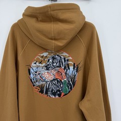 BURLEBO Men’s Midweight Fleece Hoodie Sweatshirt L Light Brown Duck Hunting Dog
