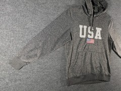 USA Embroidered Flag Logo Drawstring Pullover Hoodie Mens Medium Patriotic Gray
