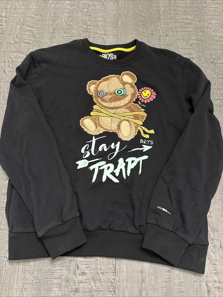 BKYS Mens Stay Trapt Teddy Bear Graphic Sweatshirt Black Large Cotton Crew Neck
