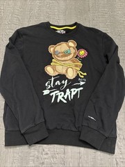 BKYS Mens Stay Trapt Teddy Bear Graphic Sweatshirt Black Large Cotton Crew Neck