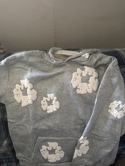 Designer 1:1DENIM Gray White Graphic Print Pullover Hoodie M Long Sleeve Pockets