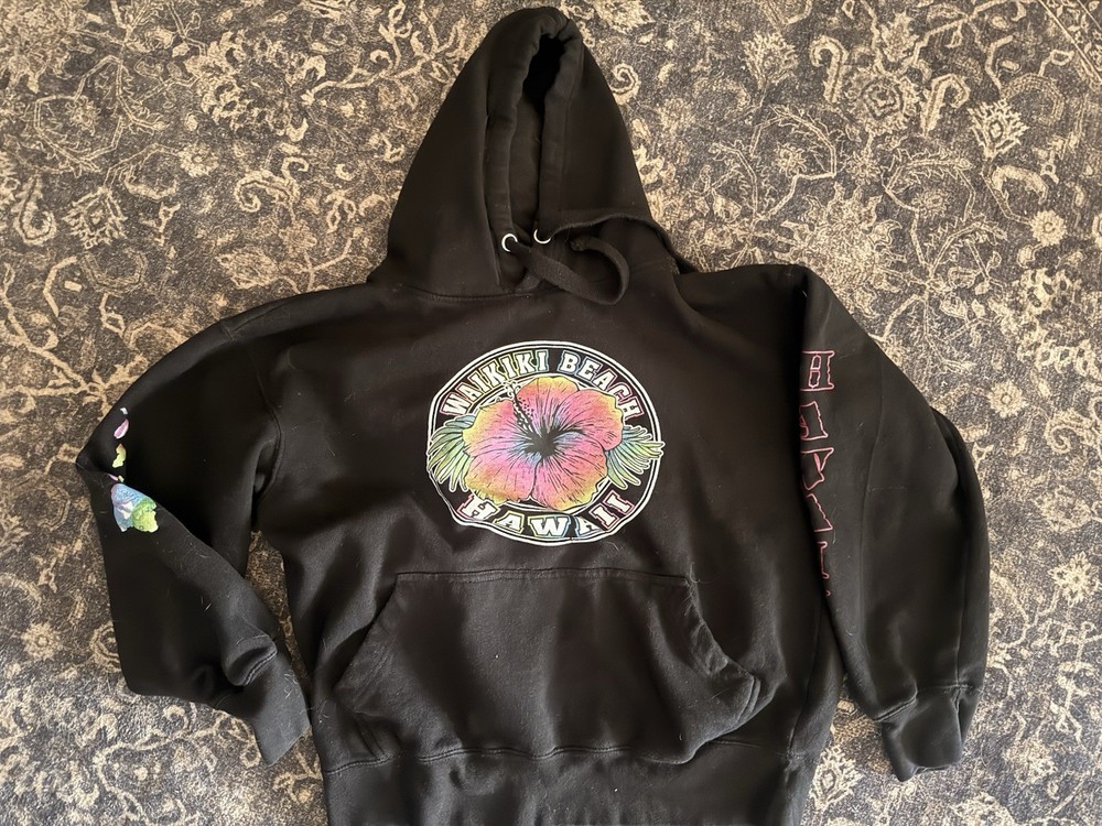 Men’s S Black Pullover Hoodie Waikiki Beach Hawaii Hibiscus Graphic Drawstring