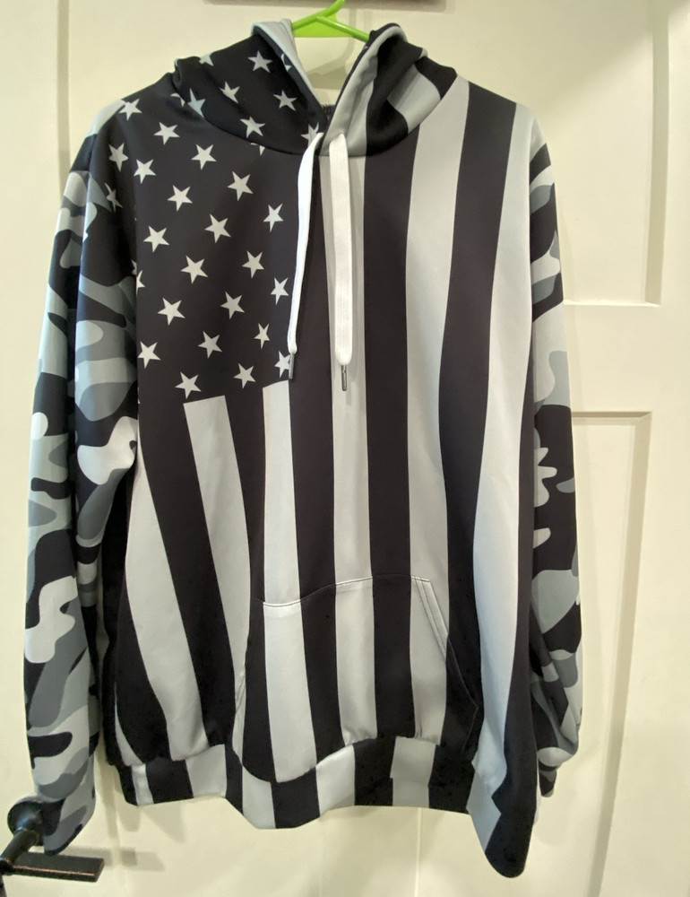 Men’s L/XL Black Gray Camo USA Flag Pullover Hoodie w/ Drawstring Pockets