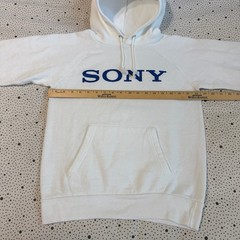 Vintage 1980s Sony Champion Hoodie Size Small White Blue Drawstring
