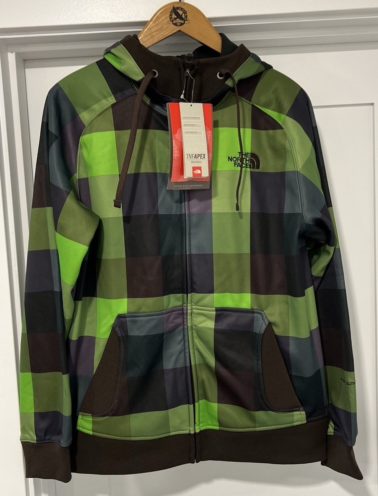 The North Face Hoodie Mens Small Green Purple Plaid TNF Apex Full Zip Softshell
