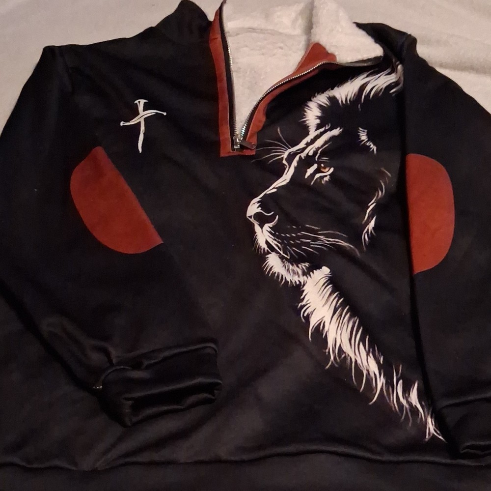 Men’s Black 1/4 Zip Lion Graphic Mock Neck Sweatshirt L Orange/White