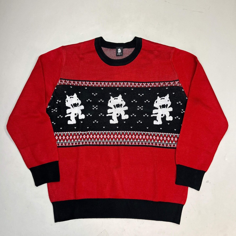 MONSTERCAT Records Holiday Intarsia Pullover Sweater Men’s Sz S Deep Red/Black