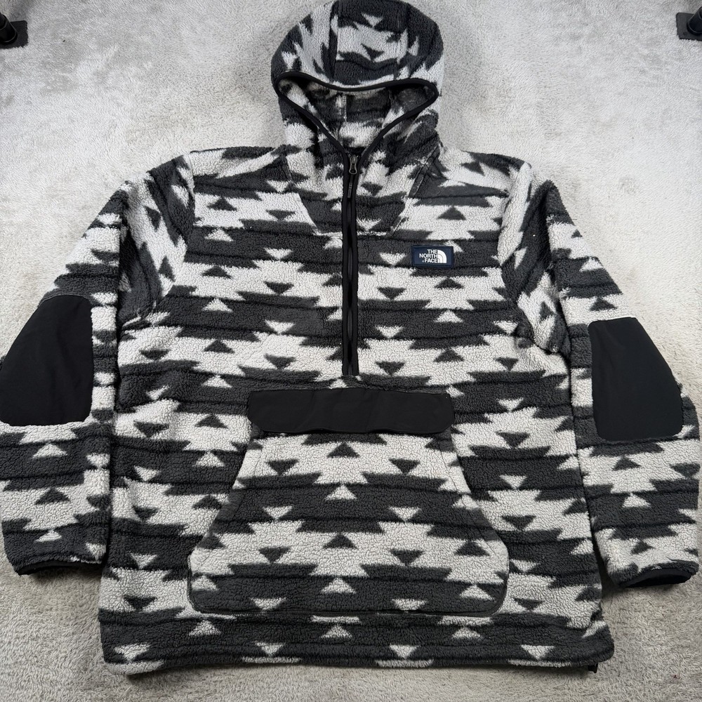 The North Face Hoodie Mens 2XL Black White Sherpa Aztec Fleece 1/2 Zip Pullover