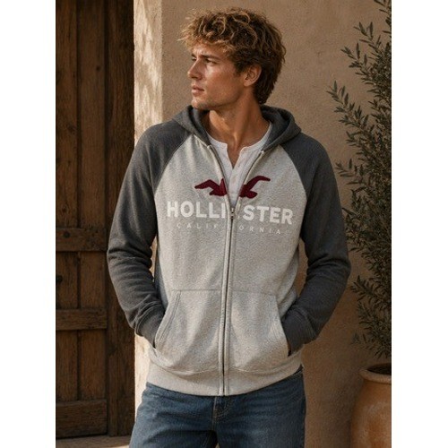Hollister Mens Full Zip Hoodie Gray Colorblock Raglan Fleece Sweatshirt Large