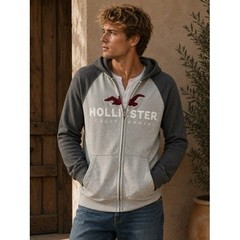 Hollister Mens Full Zip Hoodie Gray Colorblock Raglan Fleece Sweatshirt Large