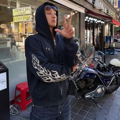 VINTAGE THUG HOODED CLUB PULLOVER HOODIE HIGH STREET FIRE FLAME ZIP SWEATSHIRT
