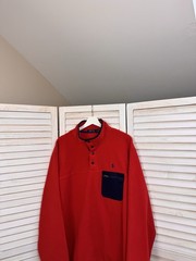 Polo Ralph Lauren L Red Navy Fleece Pullover Sweatshirt Snap Mock Neck Chest Po…