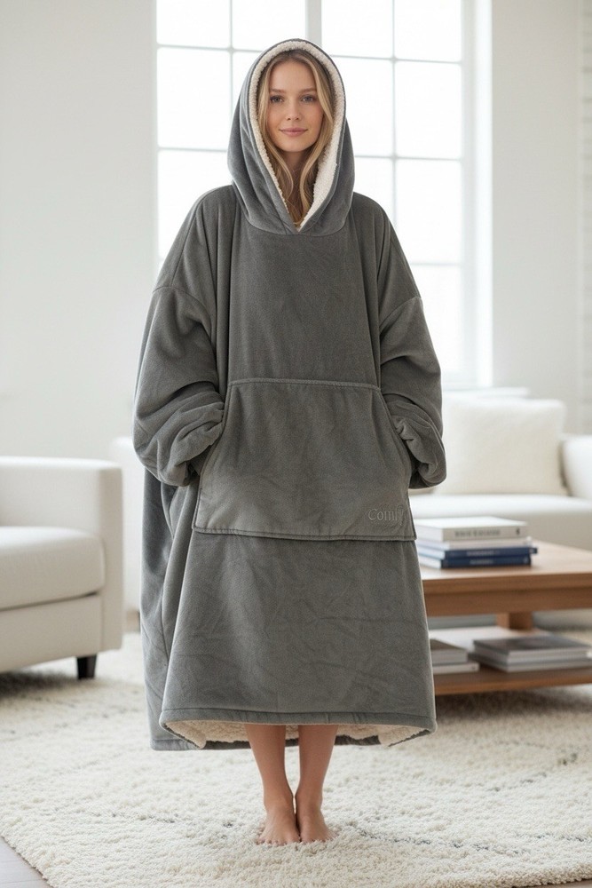 The Comfy Gray Sherpa Lined Pullover Blanket Hoodie Pockets One Size Unisex