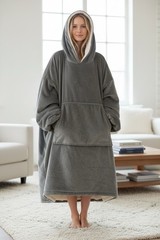 The Comfy Gray Sherpa Lined Pullover Blanket Hoodie Pockets One Size Unisex
