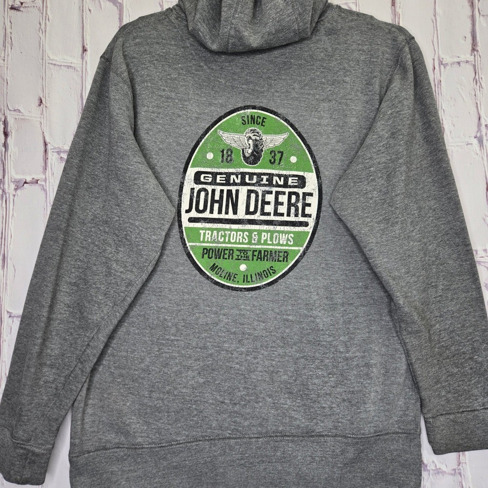 John Deere Mens Heather Gray Pullover Hoodie Graphic Sweatshirt Size Medium