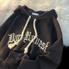 Men Korean Letter Print Plush Thick Hooded Loose Sweatshirt Hoodie Tops