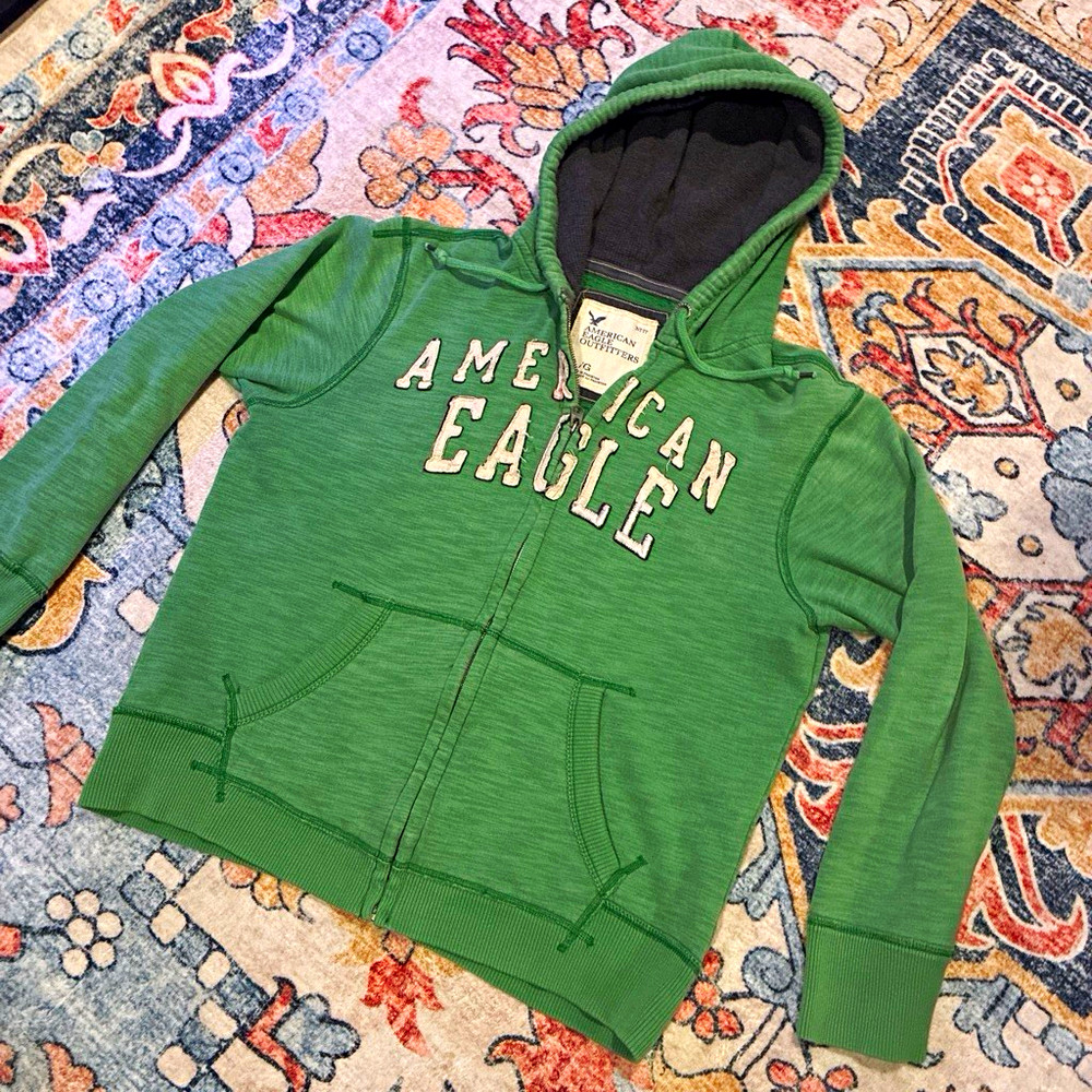 American Eagle Outfitters Men’s Green Full Zip Fleece Hoodie Pockets L