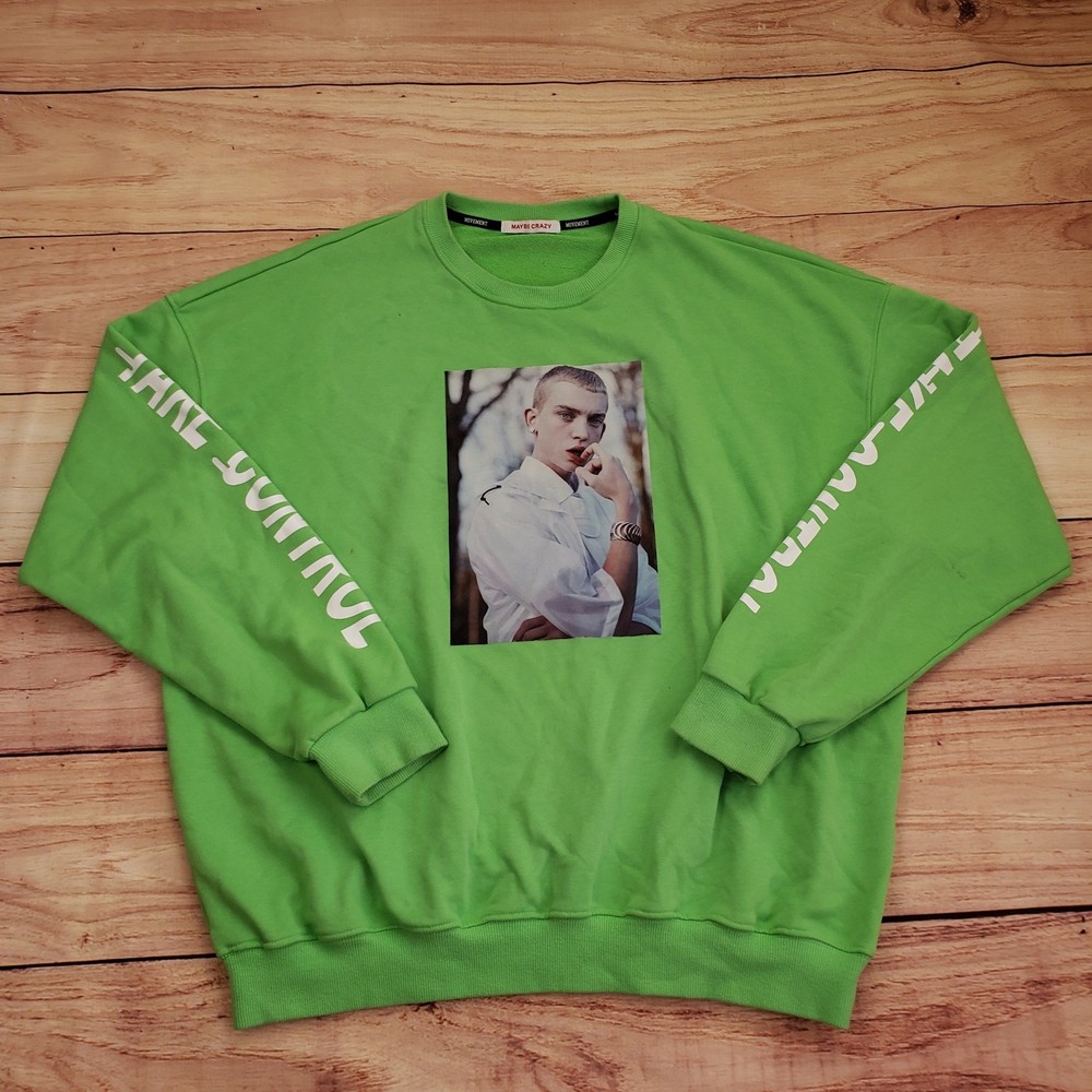 Maybe Crazy Sweatshirt Mens Large Green White Korean Streetwear Fashion Sweater