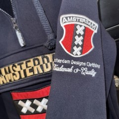Amsterdam Designs Large Hoodie Navy Red White Half Zip Graphic Pockets