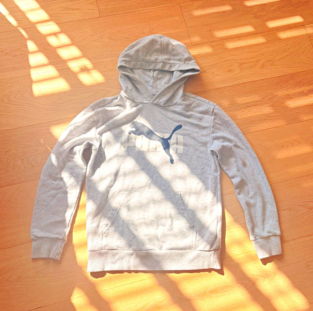 Vintage PUMA Men’s L 14-16 Gray Pullover Hoodie Cotton Blend Fleece Logo Pocket