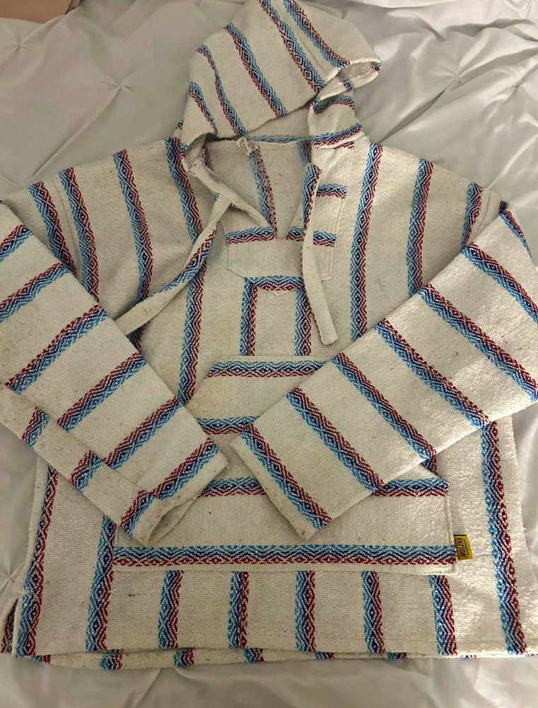 Molina Men’s Striped Knit Baja Hoodie Kangaroo Pocket White Blue Red Size S