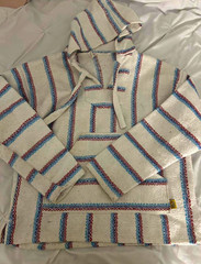 Molina Men’s Striped Knit Baja Hoodie Kangaroo Pocket White Blue Red Size S