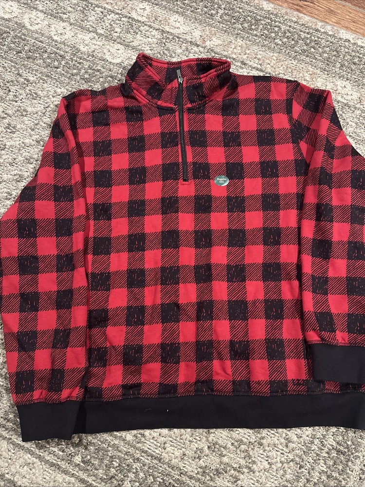 LL Bean Men’s XXL Traditional Fit 1/4 Zip Deep Red Check Sweatshirt