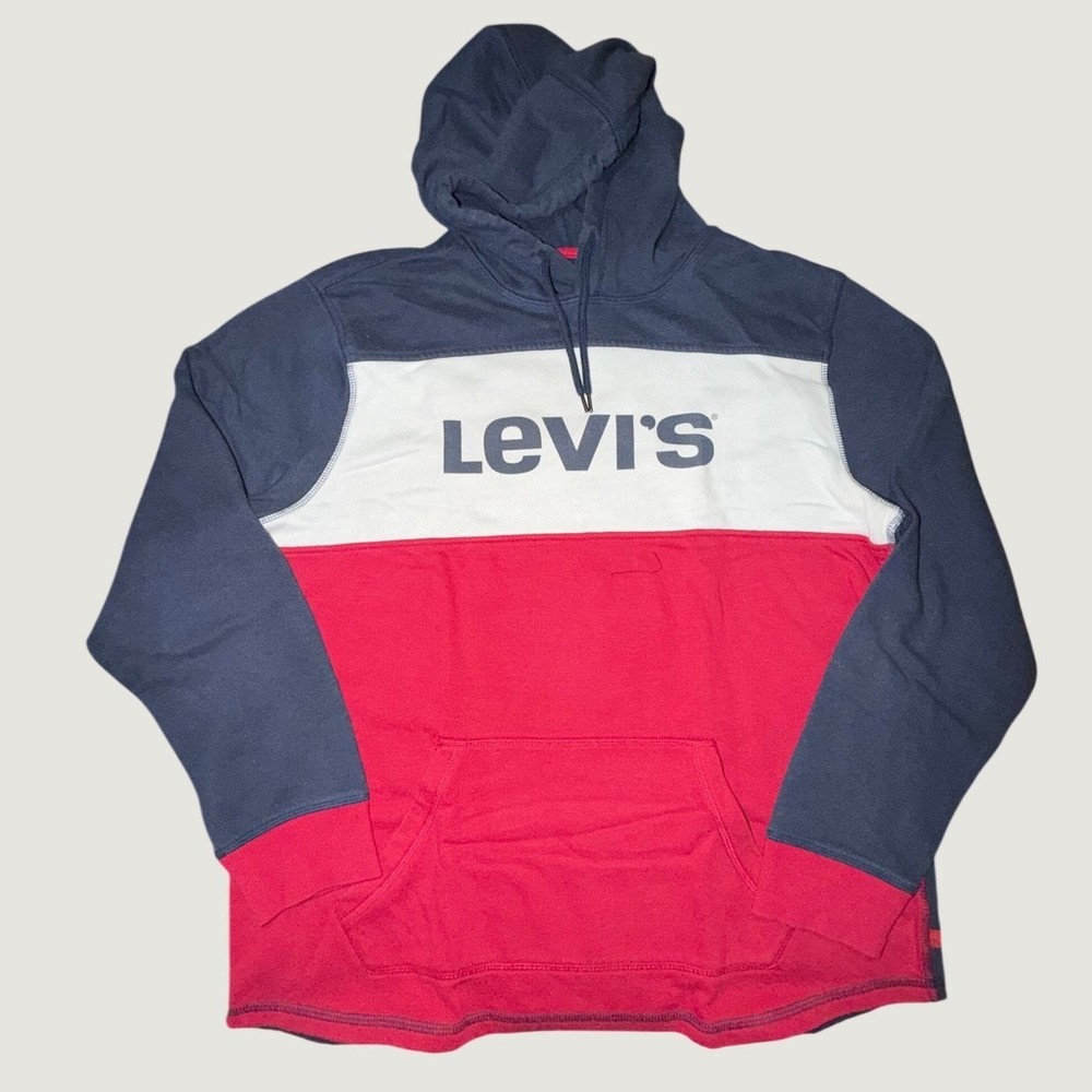 Levis Mens Colorblock Hoodie Navy Blue Red White Logo Pullover Sweatshirt L