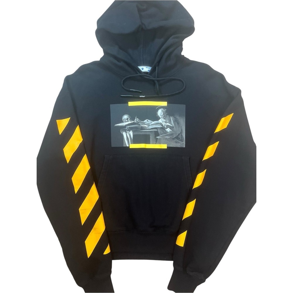 OFF-WHITE Caravaggio Painting Hoodie Mens Large Black Yellow Streetwear Hip Hop