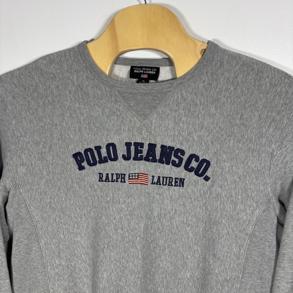 Polo Jeans Co Ralph Lauren Sweatshirt XL Gray Embroidered Flag Vntg Crewneck