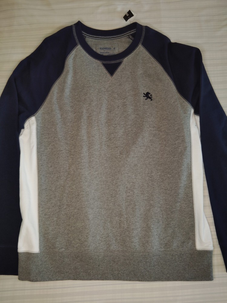 Express Mens Sweatshirt Large Colorblock Gray Navy White Lion Logo NWT Cotton L