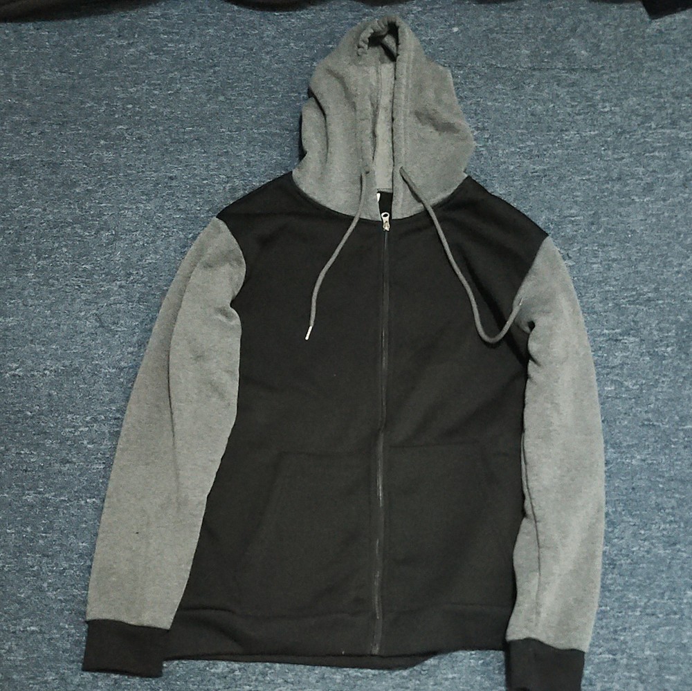 Men’s Black Gray Full Zip Hoodie Long Sleeve Polyester M Hooded Pockets