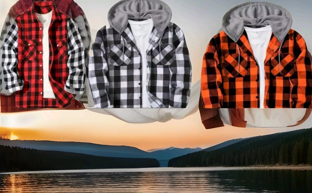 Hoodie Long Sleeve Shirt Flannel Look S-M-L-XL-2XL-3XL Free Shipping 3-5 Days