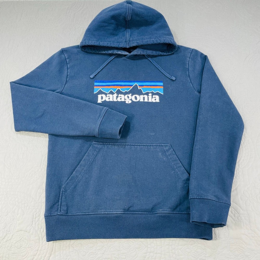 Patagonia P-6 Hoody Big Logo Uprisal Blue Hood Sweatshirt Sustainable Eco Small