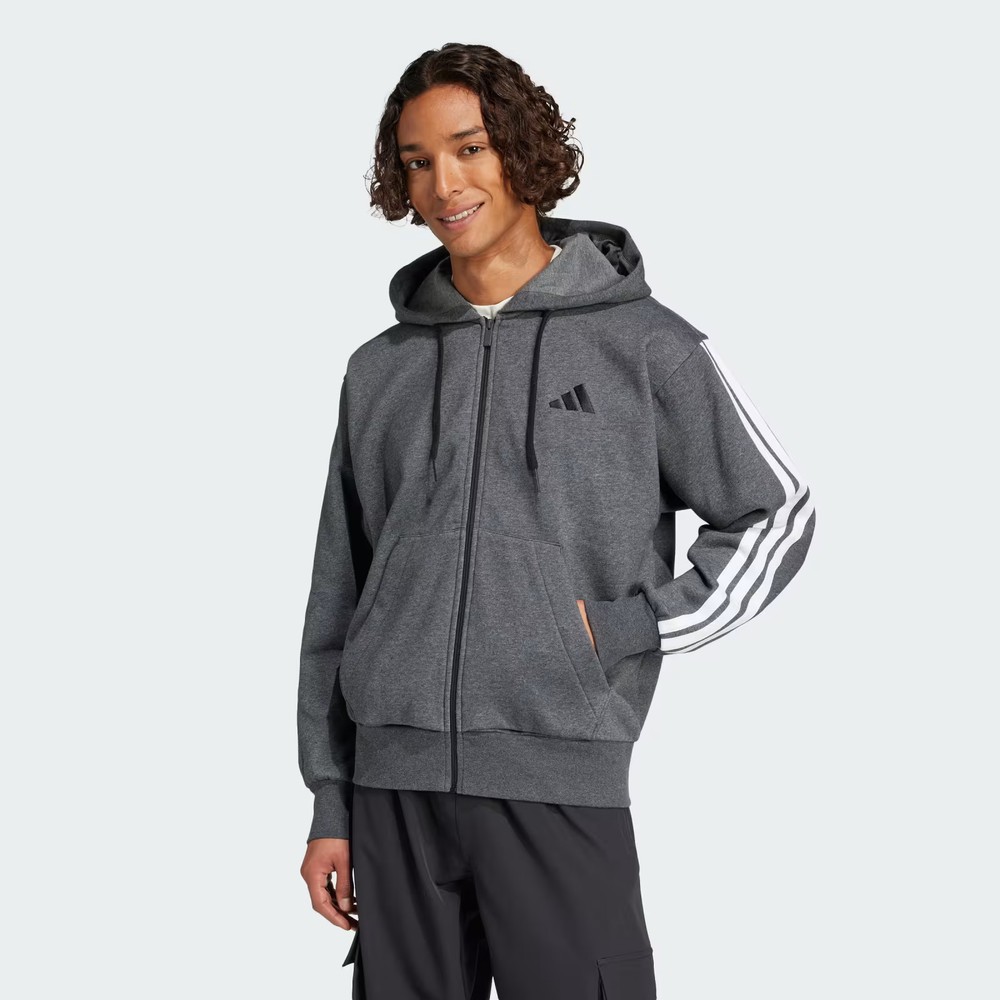 adidas Essentials 3-Stripes Fleece Hoodie Grey