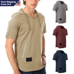 ZIMEGO Mens Hoodie – Short Sleeve Pigment Dyed Hipster Drop Tail Hooded Shirt