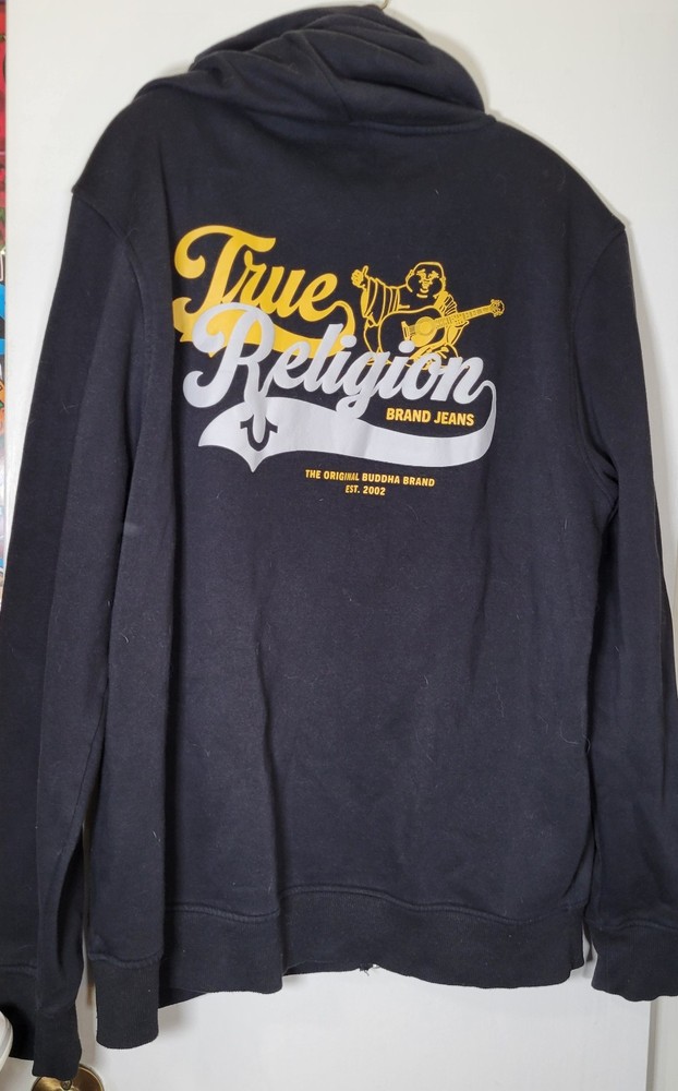 True Religion Old Skool Zip Men’s Size XL Retro Logo Jet Black Hoodie Sweatshirt