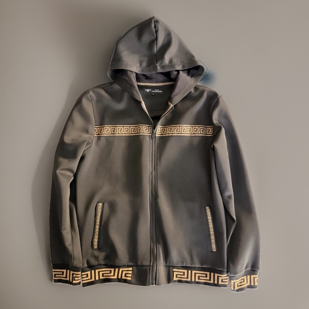V.I.P. Collection Men’s Geometric Gold Design Black Zip-up Hoodie Size L