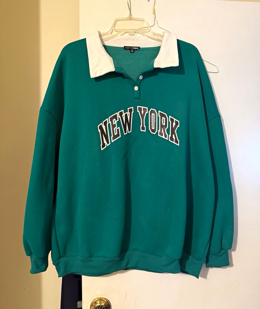 Fashion Nova Green New York Graphic Collared Button Pullover Sweatshirt 1X