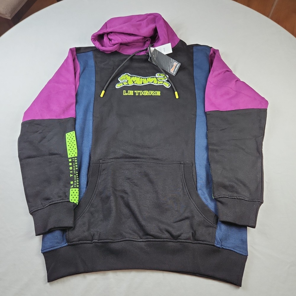 Le Tigre Black Color Block Pull Over Hoodie Size M Green Logo Streetwear New