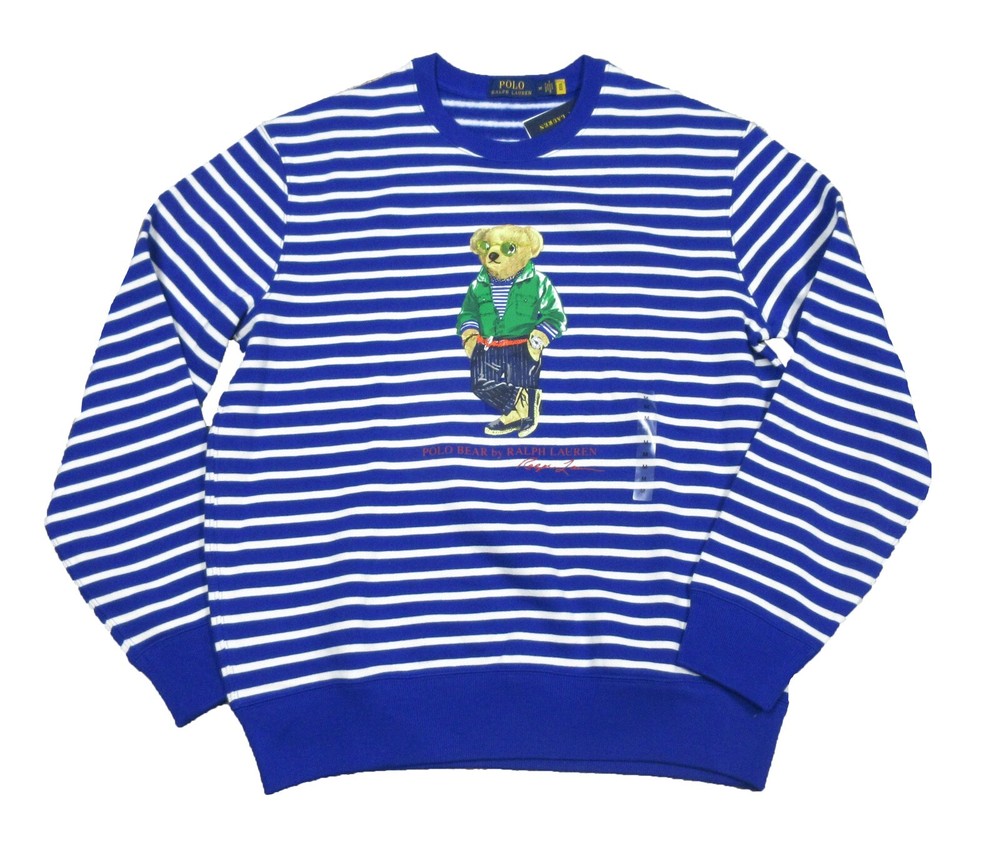 Polo Ralph Lauren Men’s Royal Blue/White Polo Bear Stripe Fleece Sweatshirt