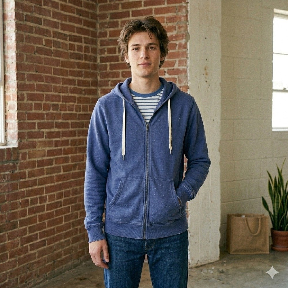 Pact Mens Hoodie Medium Blue Full Zip Organic Cotton Sustainable Gorpcore