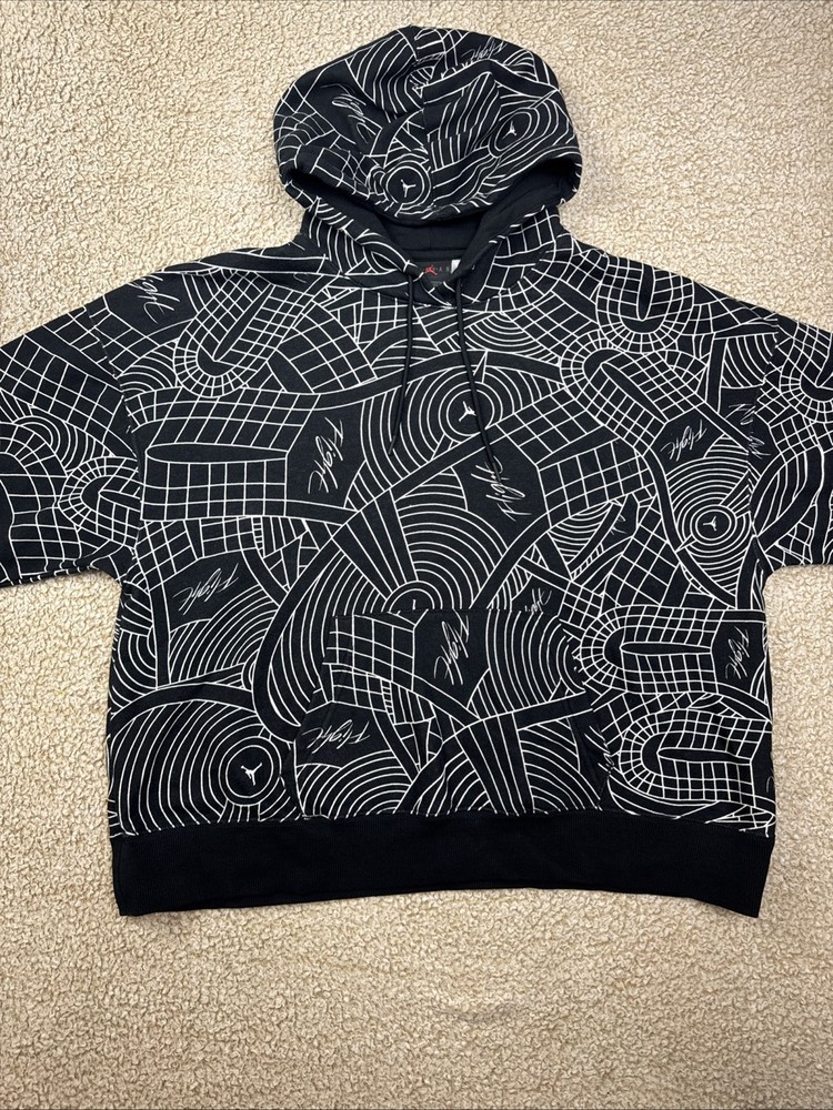 Nike Jordan Flight AOP Hoodie Sweatshirt Black/White Mens Large Loose Fit