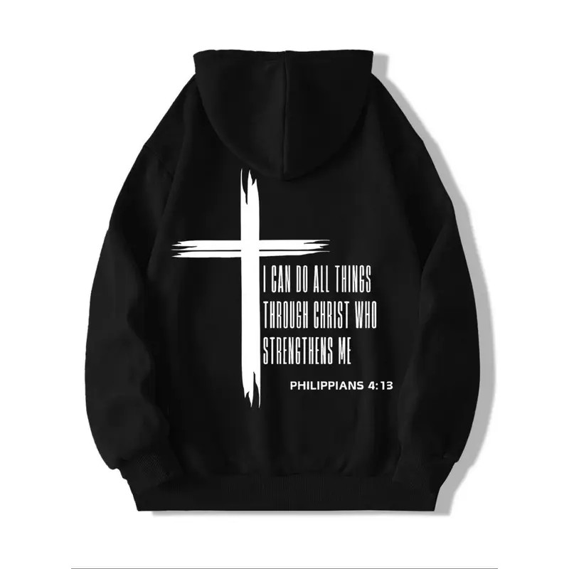 Men��s Cross Letter Graphic Drop Shoulder Drawstring Long Sleeve Casual Hoodie