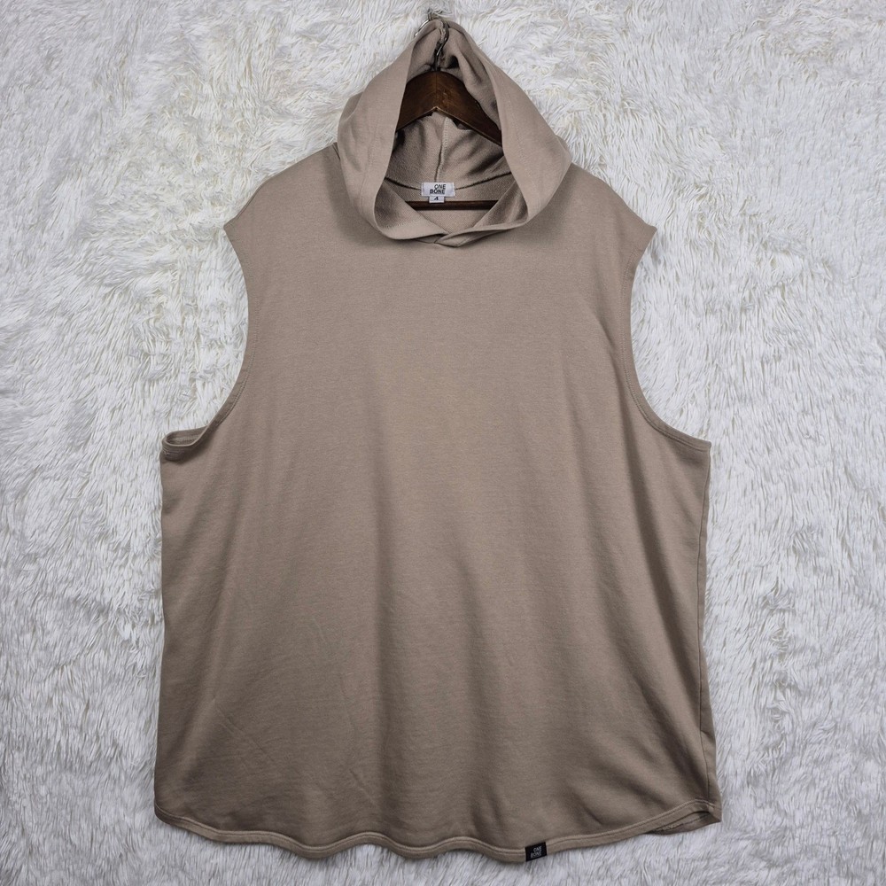 One Bone Mens Sleeveless Hoodie Tan French Terry Curved Hem Size 4 Athleisure