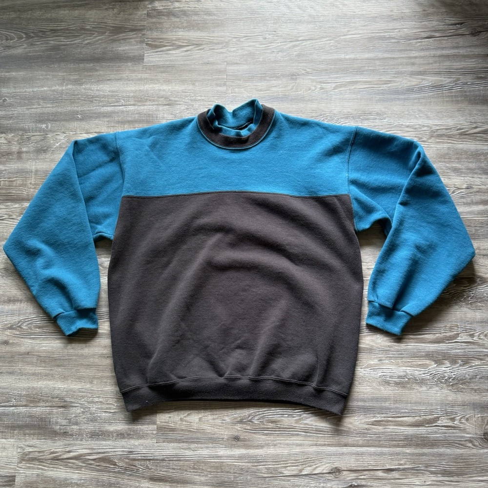 Vintage 90s Hanes Two Tone Blue Black Color Block Pullover Sweatshirt Size L
