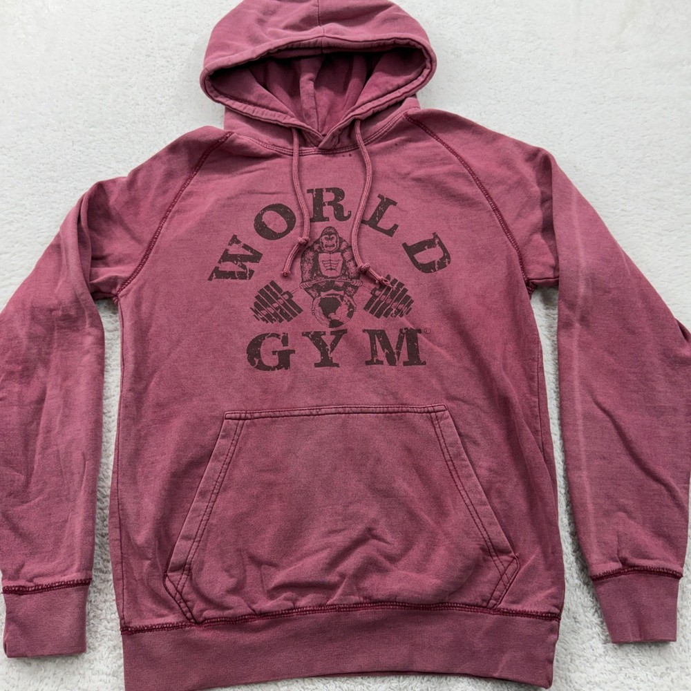 World Gym Hoodie Mens Small Maroon Pullover Graphic Logo Workout Fitness