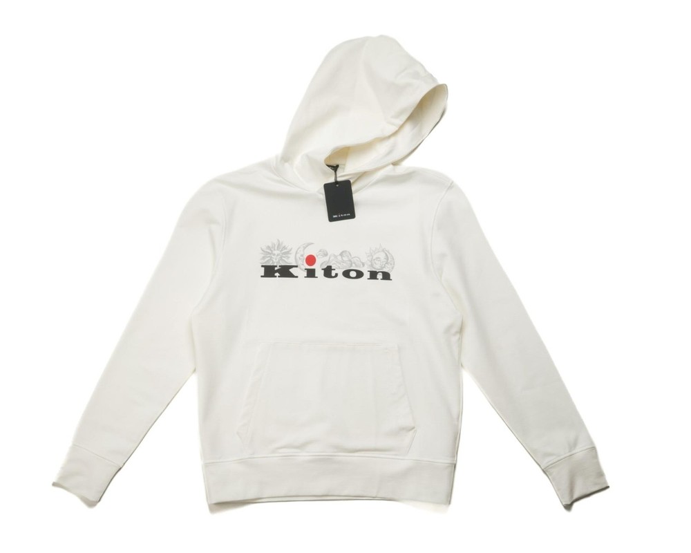 Kiton $1,450 NWT White Black Text Cotton Stretch Soft Hoodie Hooded Sweatshirt L