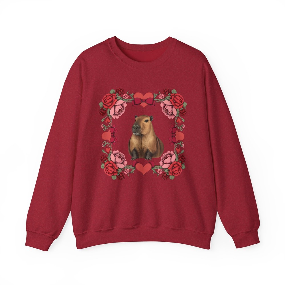 Capybara Valentines Day Coquette Bow Rose Heart Unisex Crewneck Sweatshirt