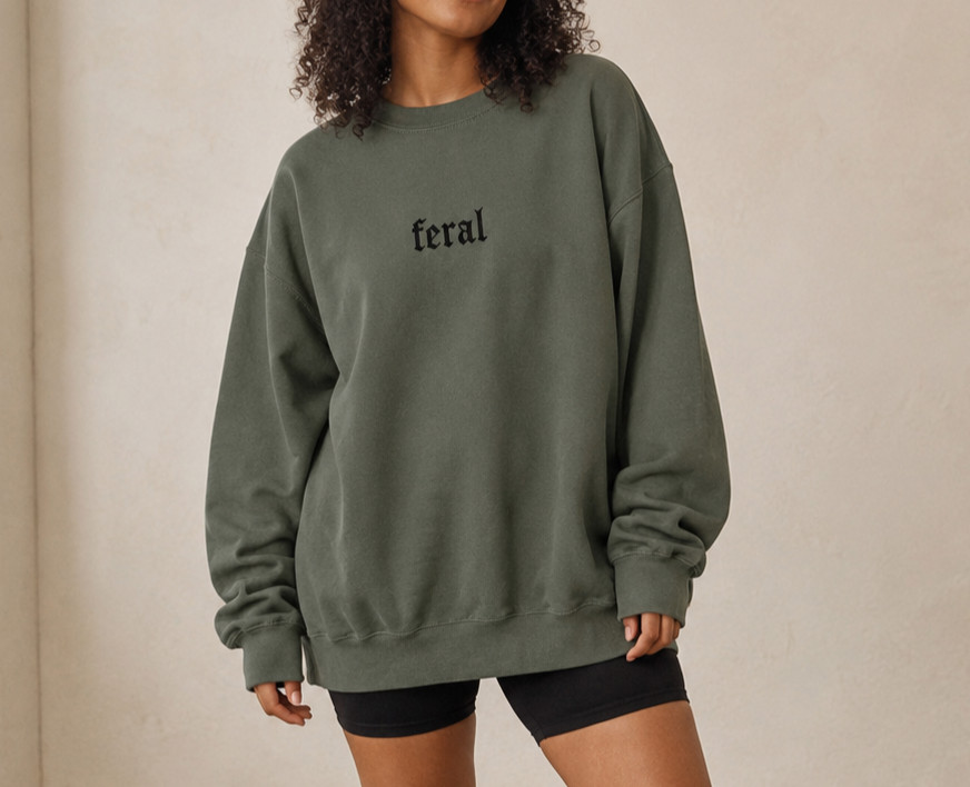 Feral Embroidered Gildan Sweatshirt Military Green Gothic Unisex Large